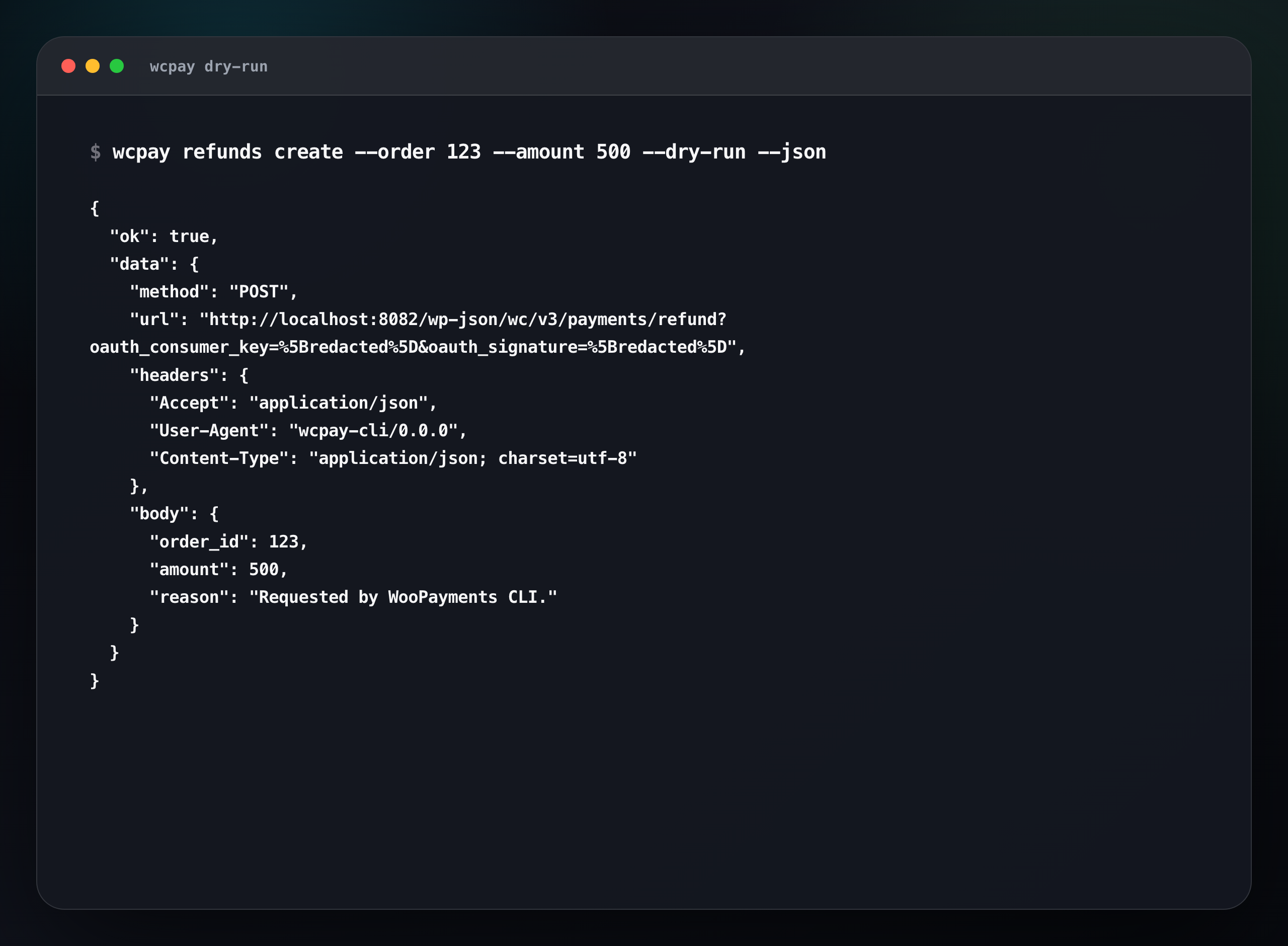WooPayments CLI dry-run output