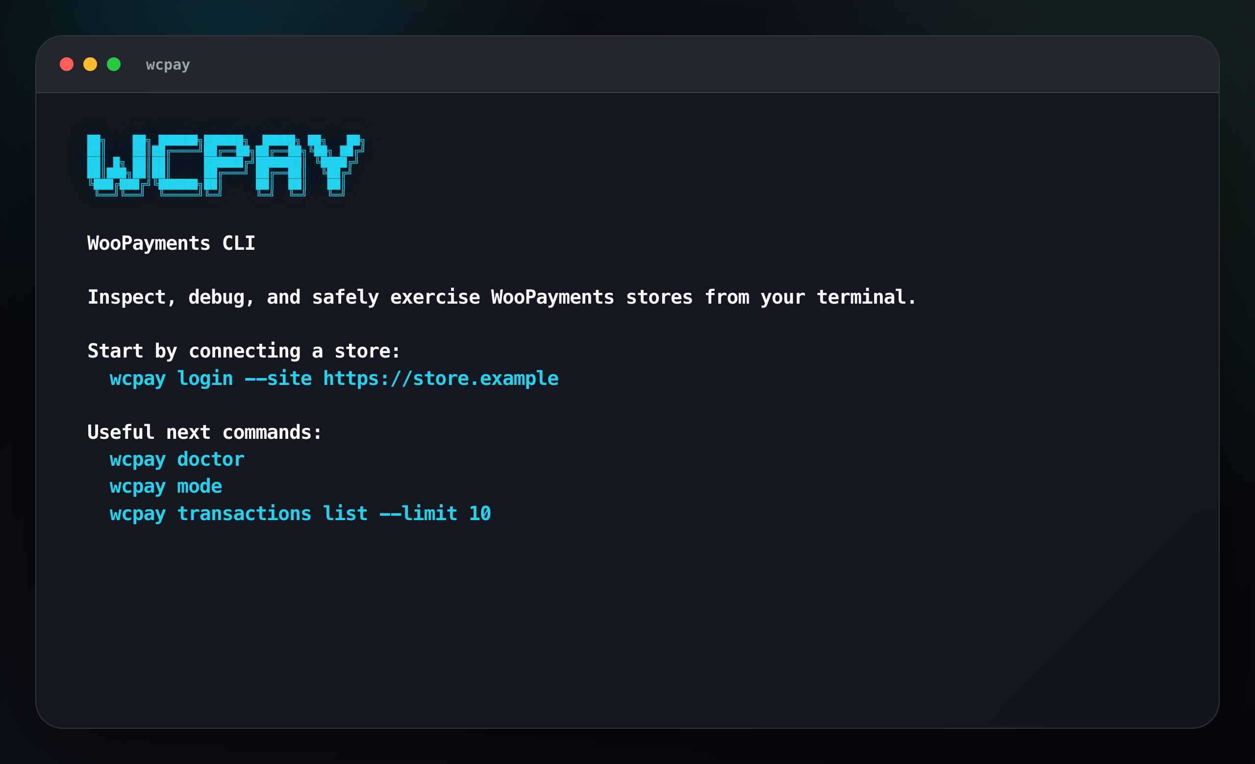 WooPayments CLI welcome screen