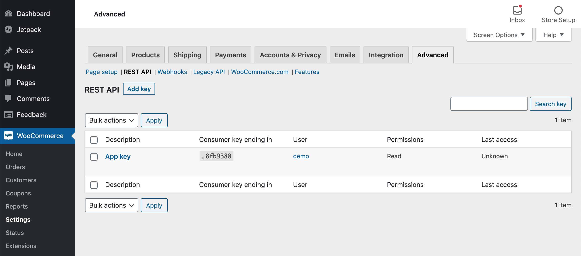 WooCommerce REST API keys settings